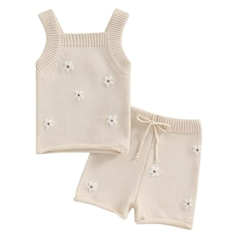 RSRZRCJ Infant Baby Girl Summer Clothes Flower Embroidered Crochet Knit Sleeveless Cami Tank Top Shorts Outfits Set (Beige, 12-18 Months) Cover