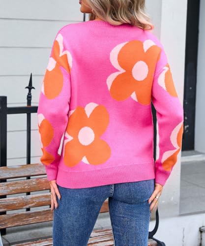 Image of Sumleno Womens Cute Color Block Flower Pattern Sweaters Crewneck Pullover Tops Kawaii Aesthetic Fall Winter Knitwear