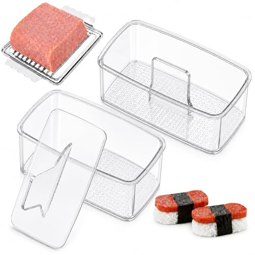 Image of Musubi Press Mold, 2 Pack Musubi Mold Kit with 304 Stainless Steel SPAM Luncheon Meat Slicer & Rice Paddle, Musubi Maker for Hawaiian Spam Musubi, Bento Sushi Rice Press Mold (Clear)