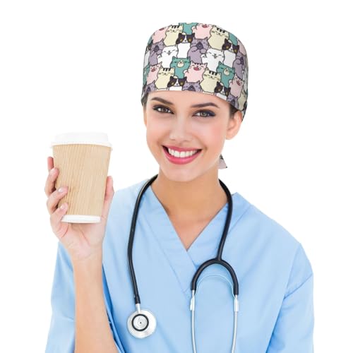 Image of Working Cap Scrub Cap with Sweatband Adjustable Unisex Women Tie Back Hat Nurse Surgical Caps