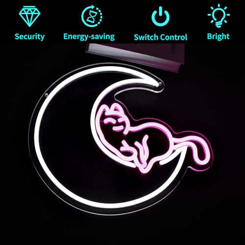 Image of Neon Sign, HSJNJKFU Moon Cat Neon Signs for Wall Decor White Pink LED Cat Signs for Man Cave Room Home Party Birthday Beer Signs - Neon Light USB Powered