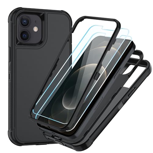 Image of SunStory Compatible with iPhone 12 /12 Pro Case with HD Screen Protector, 3-Layer Heavy Duty Full-Body Cover,3 in 1 Hybrid Protective Case for iPhone 12 /12 Pro 6.1 inch, Black