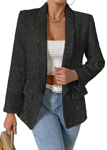 2024 Fall Tweed Blazer Jackets for Women Shawl Lapel Long Sleeve Open Front Fashion Business Casual Suit with Pockets