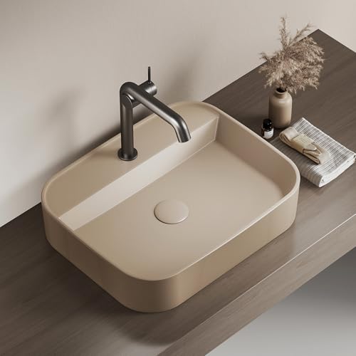 EMKE Lavabo à Poser Rectangulaire – Salle de Bain et WC Invités – 50 × 40 × 11 cm, Lavabo en Céramique, Beige Mat