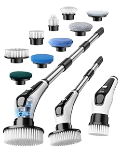 Brosse Rotative Nettoyage avec 9 têtes Manche Extensible 2 Vitesses, Batterie 3000mAh Brosse Nettoyage Electrique étanche IPX8 pour Salle de Bain, Cuisine et Voiture