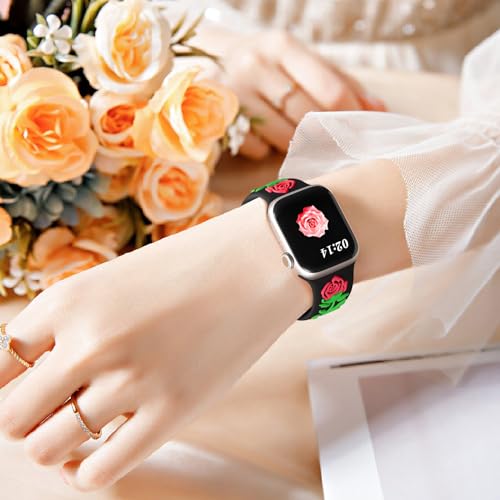 Wepro Floral Embossed Band Compatible with Apple Watch Bands for Women 44mm 45mm 49mm 42mm for iWatch Bands Ultra 2 SE Series 9 8 7 6 5 4 3 2 1 Soft Silicone Cute 3D Rose Engraved Dressy Band, Black - Thumbnail 6