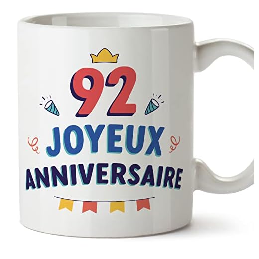 MUGFFINS Tazas 92 Cumpleaños - En Francés - Joyeux anniversaire! - 11 oz / 330 ml - Regalo original y divertido