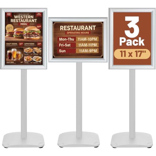 VAIIGO 3 Pack Heavy Duty Standing Sign Holder 11x17 Inch - Pedestal Floor Sign Stand with Weighted Base - Vertical & Horizontal Poster/Menu Display Stands for Indoor/Outdoor Advertising, Silver