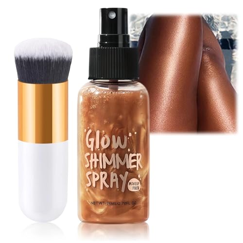 Bronze Gold Body Shimmer Oil Spray, Non-Sticky, Waterproof Formula. Lightweight, Face & Body Glow Illuminator. Includes Makeup Brush for Luminous Highlighter & Radiant Look