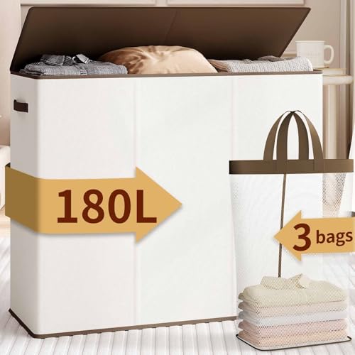 Relefree Wäschekorb mit 3 Fächern, 180 l, großer Wäschekorb zum Sortieren von Wäsche, Wäschekorb mit 3 abnehmbaren Tasch...