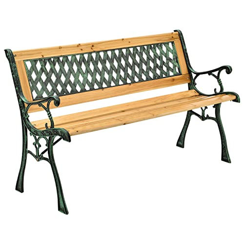Juskys Banc de Jardin - Banc en Bois 2 Places avec accoudoirs & Dossier - Banc résistant aux intempéries 122x54x73 cm - éléments latéraux en Fonte- Naturel, Modèle Pise
