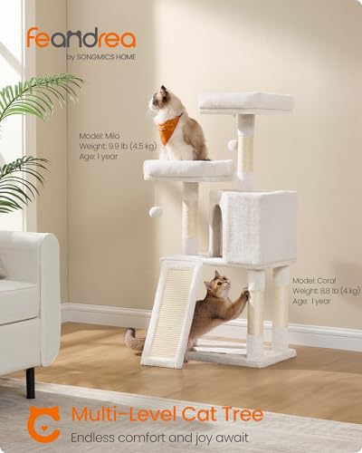 Image of Feandrea Cat Tree, 45.3-Inch Cat Tower, Plush Condo Scratching Post, White | 45.3-Inch Cat Tower, Plush Condo with Scratching Post, Ramp, Perch, Spacious Cave, Cream White