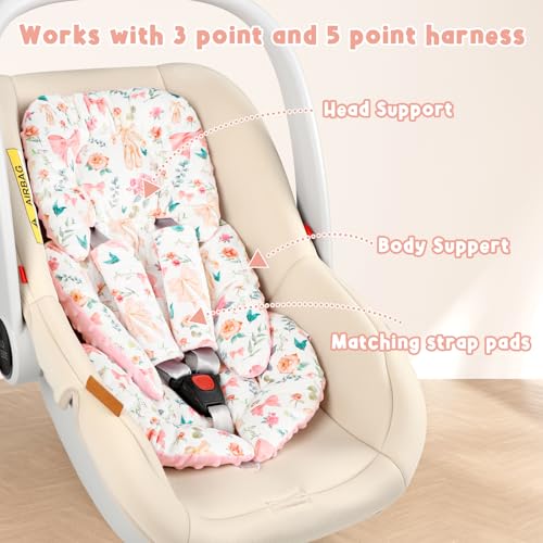 Image of GFU Infant Car Seat Insert Head and Body Support, Reversible Newborn Insert for Carseat with Strap Pads, Soft Stroller Cushion Pillow Insert for Boys and Girls, Fits for Stroller, Swing, Pink Bow