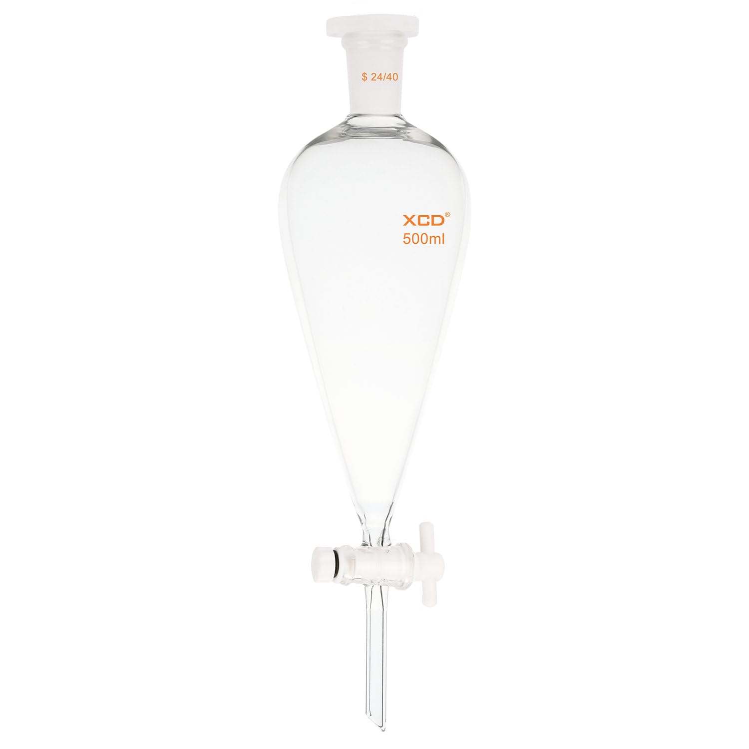 XCD Borosilicate Glass Heavy-Wall Conical Lab Separatory Funnel with 24/40 Joints and PTFE Stopcock, 500 ml