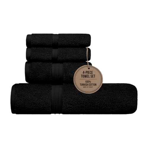 Cotoniche Luxury Bathroom Towels Set of 4 - Quick Dry & Absorbent 100% Cotton, Hotel Quality and Fluffy - Includes 1 Bath Towel (28" x 56"), 1 Hand Towel (16"x28") and 2 Washcloths (12"x12") - Black
