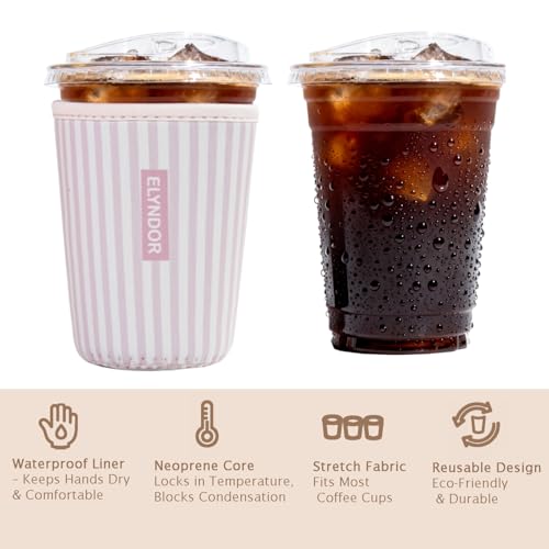 Image of Reusable Insulated Sleeve for Iced Coffee Cup, Coffee Neoprene Sleeve for Cold & Hot Drinks, Beverage Holder for Iced Coffee (Pink Stripes, Medium: 22-24oz)