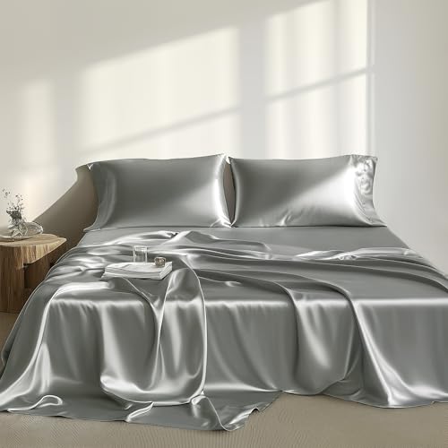 Image of Madison Park Essentials Satin Sheets Twin Size Bed Set, 4 Piece, Grey