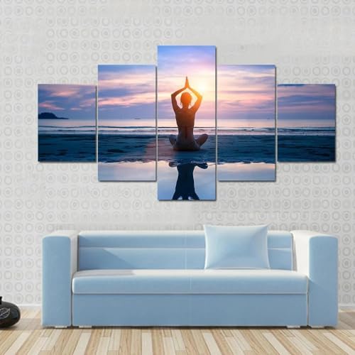 Decoration murale pour salon meditation sur la plage grand poster ANLIONE 5 parties