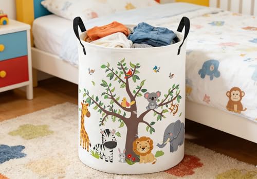 Image of ESSME Kids Laundry Basket,Animal Hamper Collapsible Canvas Waterproof Storage Bin foBoys, Cute Hamper,Gift Baskets(Tree animal)