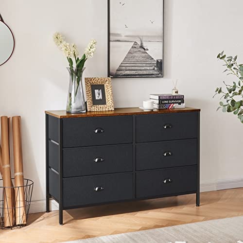 Praisun Larger 46.7''W 6 Drawer Dresser For Bedroom, Wide Fabric Dresser, Chest Dresser Organizer, Metal Handles, For Closet, Nursery, Living Room, Hallway - Black #TOP5
