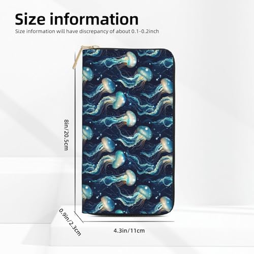 Leather Thin Slim Wallets for Women Men - Fashion Green Jellyfish Print Card Wallet Holder with Zipper2