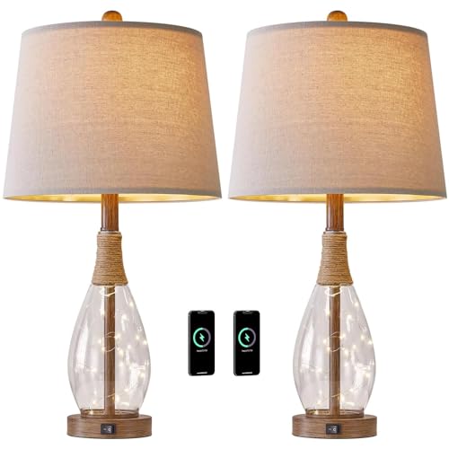 OYEARS 23" USB A+C Table Lamp Set of 2 Modern Bedside Lamps Retro Farmhouse Rattan Glass Nightstand Nightlight Lamps for Bedroom Living Room Dorm,Two Light Points - Image 8