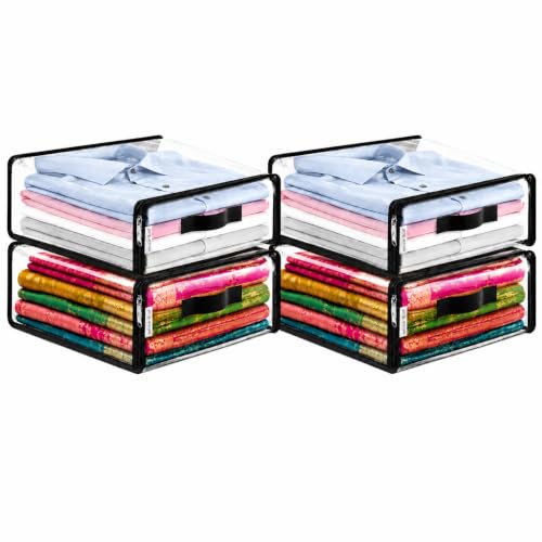 Image of Storite 4 Pack 18L PVC Transparent Foldable Storage Bag with Zipper | Foldable Clothes Organiser for Wardrobe /Garments /Space Saving Storage Box for Sarees /Lehenga /Towel /Toy - 46 X 40 X 13 CM