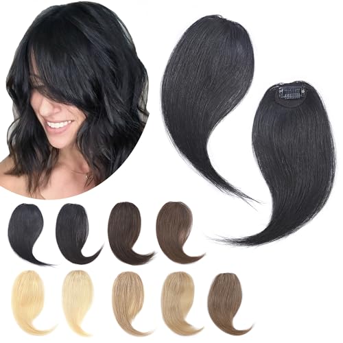 SEGO Side Bangs Clip in 100% Real Human Hair 10 Inch 2PCS French Wave Fringe Swept Natural Look Hair Piece 15g/Pcs-Jet Black