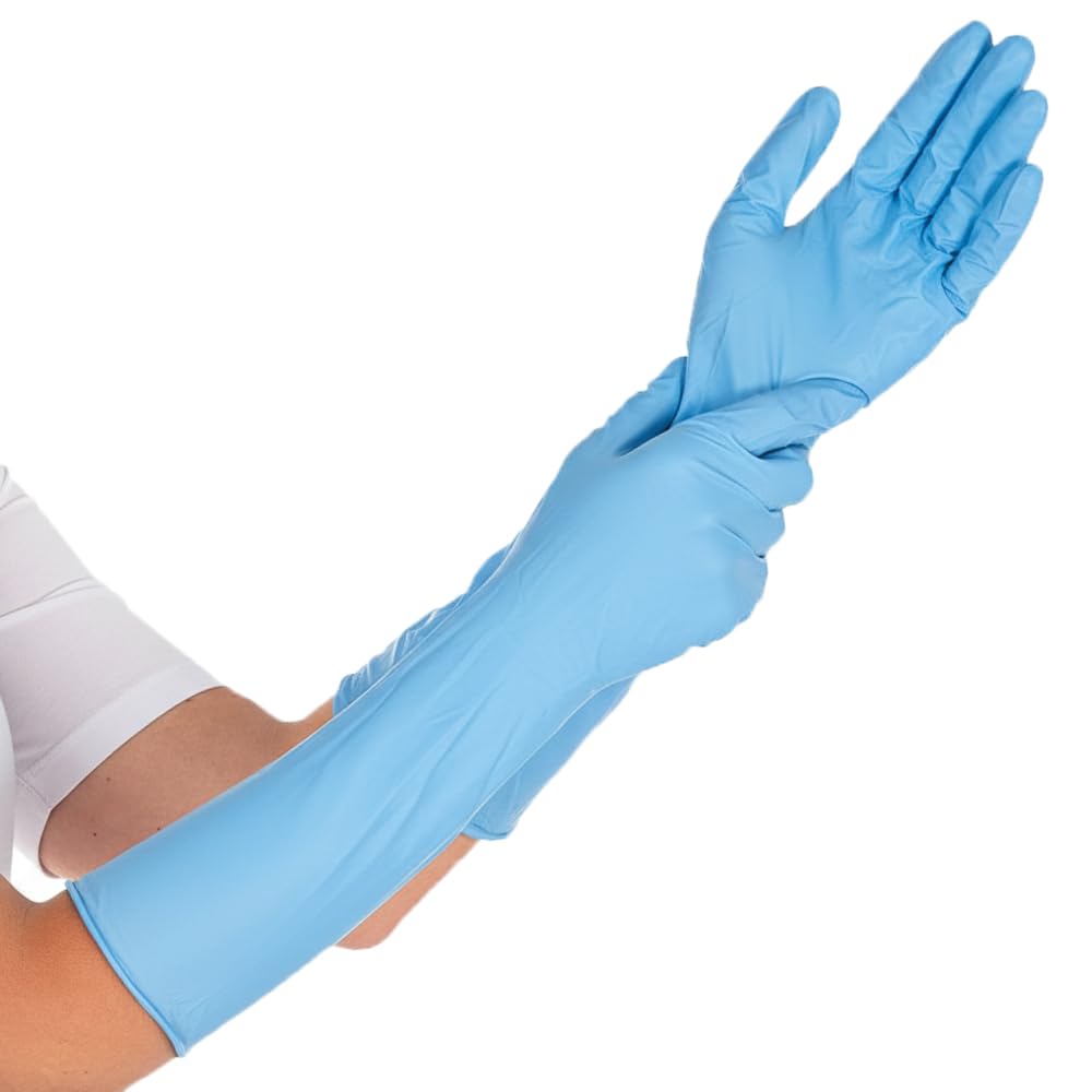 FRANZ MENSCH 50 pezzi Guanti in nitrile Hygostar Extra Safe Superlong, 40 cm | senza polvere, confezione, blu, 7/S, L: 40cm, guanti in nitrile, guanti protettivi, guanti monouso