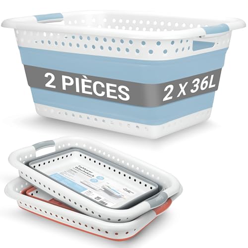 BADIONA Lot de 2 Panier a linge pliable plastique - 2x 36 litres & Usage universel I Paniers à linge pliables I Bassine linge retractable I Paniere...