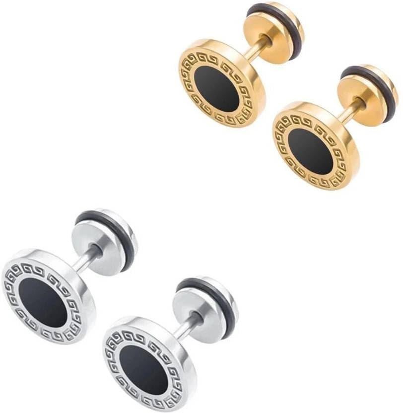 modeva "elevate your essence" Mens Greek Key Round Stud Earrings Set, Stainless Steel, Gold and Silver, 2 Pairs Pack, Classic Design for Men Boys-picture-15