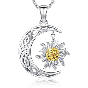 BDL Necklaces for Women, Citrine Sun and Crescent Moon Necklace, November Birthstone Necklace Sterling Silver Jewelry Christmas Gifts for Women