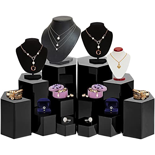 Image of Jetec 24 Pcs Hexagonal Jewelry Display Risers Hexagonal Market Display Risers Stands Acrylic Showcase Acrylic Stand for Jewelry Model Figures Decoration, 6 Sizes (Black)