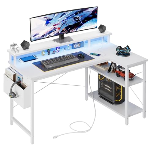Grandder L-förmiger Schreibtisch mit LED-Beleuchtung & Steckdosen, 100 cm Gaming Desk mit 2 Regalen, Computertisch mit Monitorständer, PC-Arbeitsplatz für Homeoffice, Weiß