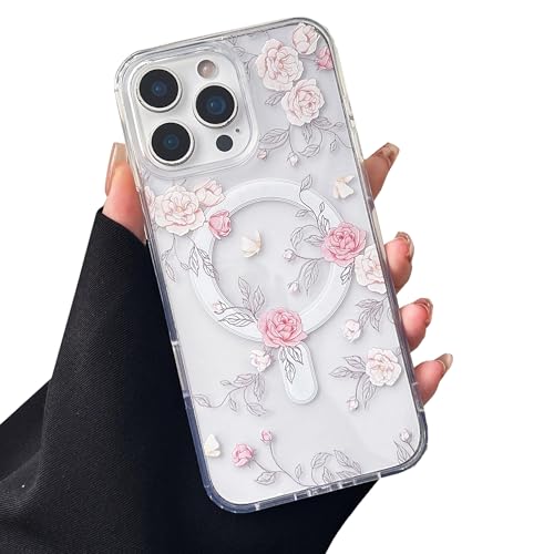 Coque iPhone 14 Pro Max compatible Magsafe antichoc rigide motif fleur rose fille