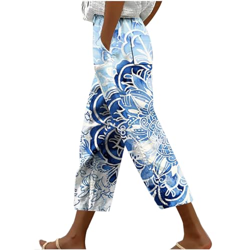 Womens Cropped Trousers Elastic High Waist Wide Leg Capri Pants Comfy Loose Fit Tie-dye Print Pants Fashion Trousers Light Blue