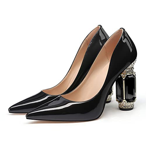 Image of JANSEVEN Women Chunky Heels Pumps Crystal Block Heels with Rhinestones Pointed Toe Sexy Gradient Patent Leather Slip on Bridal Party Wedding Dress Shoes 5-13 M US