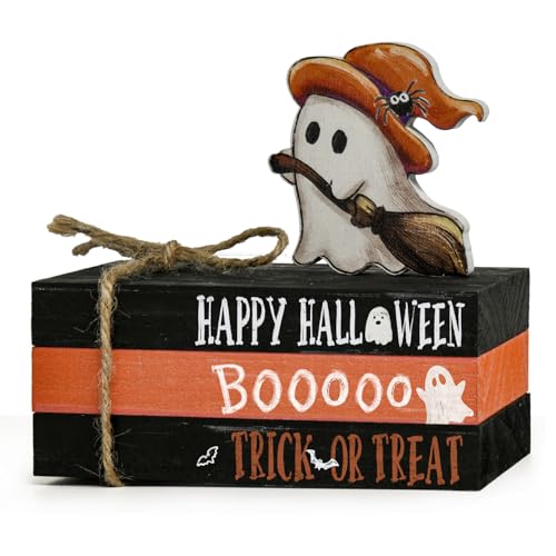 Smile Halloween Wooden Stack, Ghost Bat Mini Faux Books Bundle, Trick or Treat Tiered Tray Decorations, Indoor Decor for Kitchen Bathroom and Home Table Shelf
