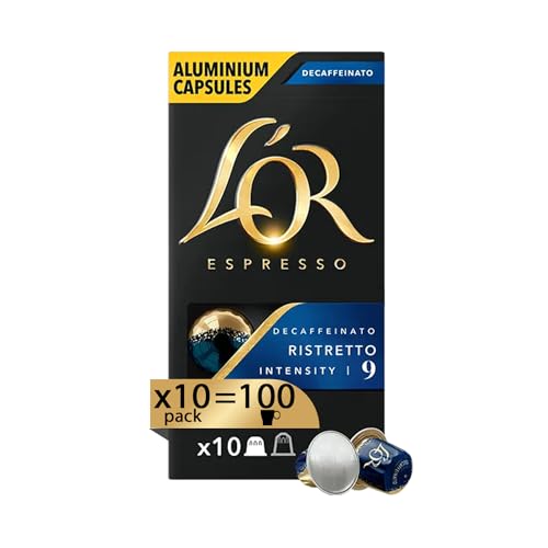 L'Or Lot de 10 capsules de café expresso décaféiné Ristretto - 100 capsules en aluminium - Intensité 9 - Compatibles avec machines Nespresso®* Original -...
