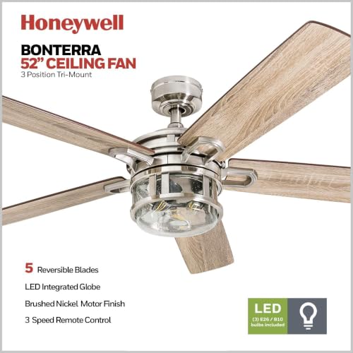 Image of Honeywell Ceiling Fans Bonterra Modern 52 Inch Ceiling Fan with Light, Remote Control, LED Indoor Fan with 5 Blades, Light Brown Pine and Brown Chestnut Blade Finish Options, Brushed Nickel (50610-01)