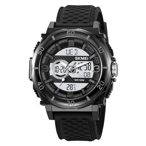 SKMEI Multifunctional Dual Display Analog Analog-Digital Display Black-White Dial ABS::Zinc Alloy Men's Silica Gel Black Color Stylish Band Water-Resistant & Scratch-Resistant-2098