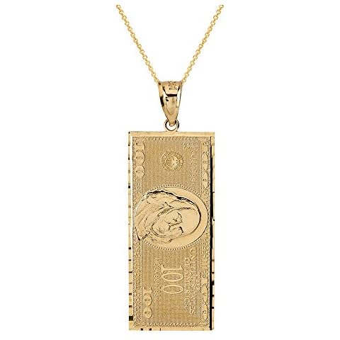 Hip Hop Jewelry 10K Yellow Gold 1.4" Benjamin's One Hundred Dollar Bill Money $ Pendant Necklace (Small), 20" Cover