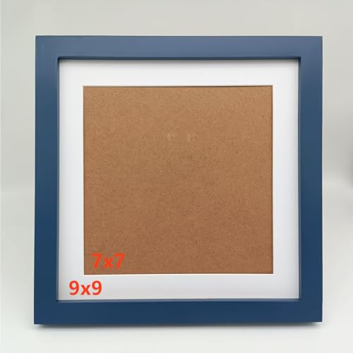 Image of 9x9 Picture Frames Blue with Mat 7x7 Opening Solid Wood Frame, Plastic Panel (Film Needs to be Removed) Table or Wall.Front Window Opening 8.6x8.6 inch.