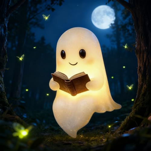2026 Neu Nachtgeist Lampe 3D Geister Leselampe Geisterlampe mit Buch Nachtgeist - ein Kleiner Geist der Wärme & Licht Spendet Lustige leuchtende Geister-Halloween-Dekoration für drinnen (B-14CM)