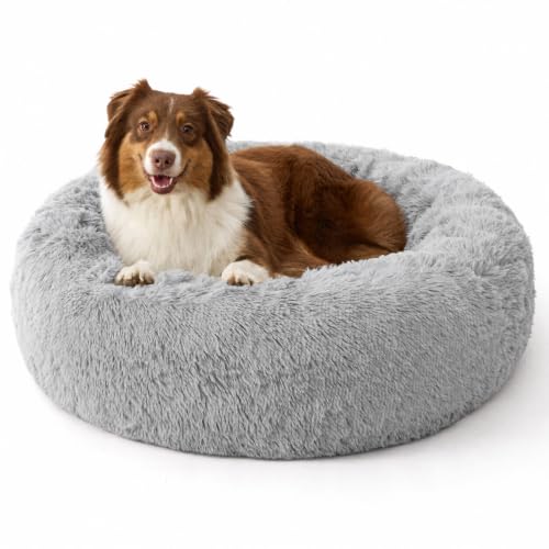 Image of Bedsure SupportMax Calming XL Dog Bed Extra Large Washable Pet Bed,42in | 420GSM Plush Fluffy Donut Round,Thick Supportive,Removable Cover,Anti-Slip,Anti-Anxiety Senior Dog up to 100 Lbs,Quiet Gray