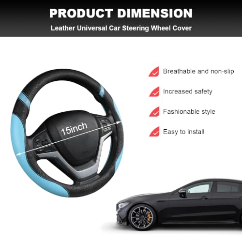 Image of Car Steering Wheel Cover, 15 Inch Premium Leather Breathable Non-Slip Wheels Wrap, Universal Auto Comfortable Steering Wheel Protector for SUV Truck Van, Car Accessories (Blue)