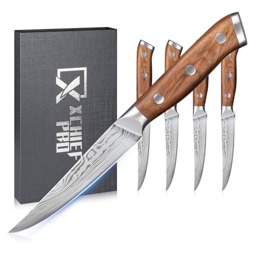 XCHIEF PRO Steak Knives Set of 4-4.5 Inch Damascus Pattern Ultra-Sharp High Carbon Stainless Steel Blade Fruit Knife, Professional Paring Knives Sets, Christmas Gifts with Gift Box