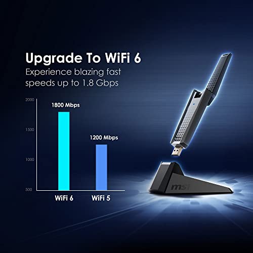 MSI AX1800 WiFi 6 Dual-Band USB Adapter - WLAN up to 1800 Mbps (5GHz, 2.4GHz Wireless), USB 3.2 Gen 1 Type-A, MU-MIMO, Adjustable Antenna, Beamforming, WPA3 - Wired Bracket Included - image 2