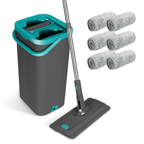 Masthome Juego de Fregona con Cubo, Mopa Plana con Mango de Acero Inoxidable de 144 cm y 6 Almohadillas Lavables, Cubos de Limpieza en Seco y Húmedo para Suelos de Madera Dura y Laminado, Azul