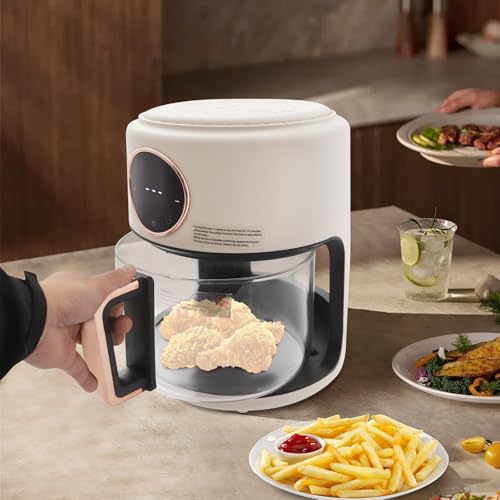 Image of 1200W Glass Air Fryer with 360 Viewable Basket, 3.8QT Borosilicate Airfryer with Touchscreen & 8 Presets Oil-Free Cooker for Family /Outdoor Use (White)